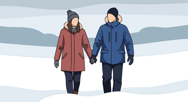 A man and woman in warm coats and hats holding hands while walking in the snow