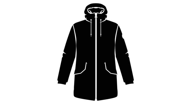 Silhouette of a zipped parka coat with hood and pockets, isolated on a white background