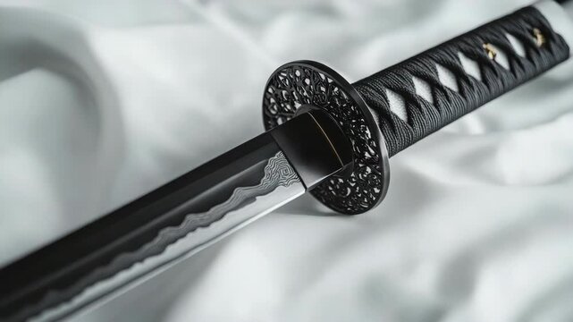 A collection of high-quality samurai swords with intricate black and gold handles resting on a white surface.