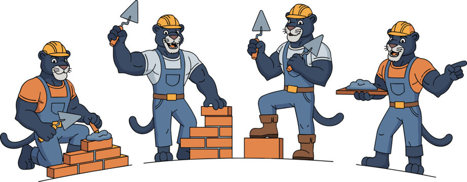 Professional Black Panther Mason Mascot Character Set Building Brick Walls for Construction Branding Masonry Contractor Services Industrial Repair and Tradesman Marketing Graphic Design Projects