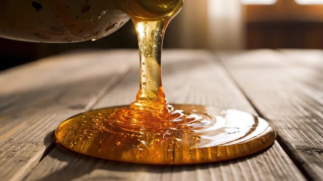 Golden honey dripping from a jar onto rustic wooden table, close-up shot