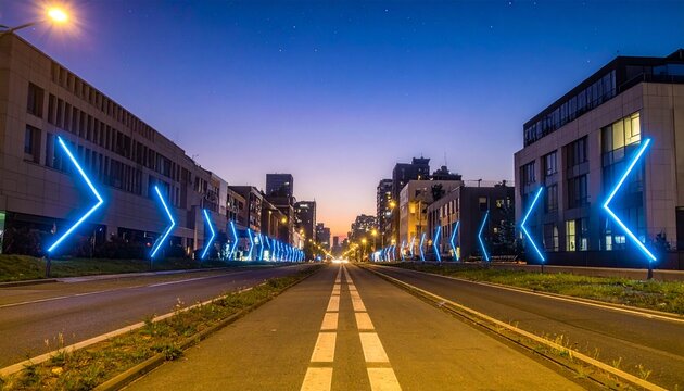AR navigation: POV looking down a city street with subtle, glowing blue arrows on the pavement, cinematic