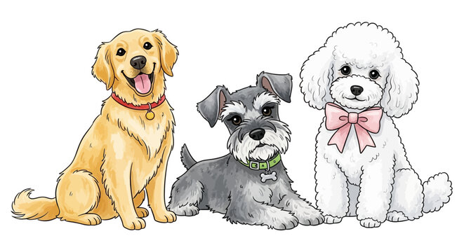 Cute dog breeds illustration set, golden retriever and schnauzer with white poodle vector, friendly domestic pets collection for veterinary and pet care