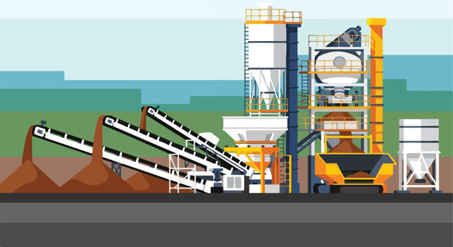 A colorful vector illustration of an industrial plant with conveyor belts and silo