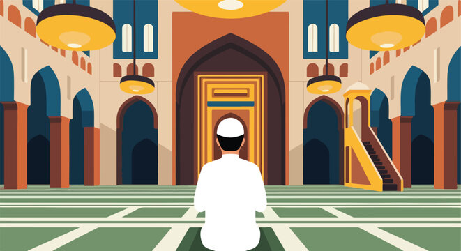 A person in white robes prays inside a mosque with arches and hanging lanterns