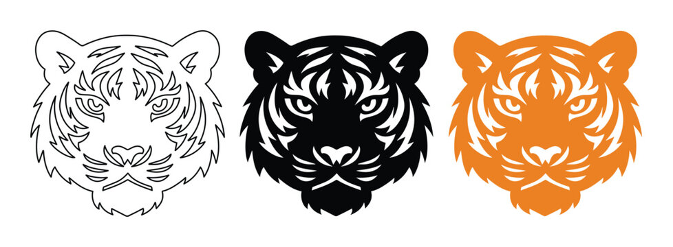 Three Tiger Head Vector Icons, stylized animal face illustrations, wild cat emblem set, powerful tiger logo for branding and sports, editable graphic resource