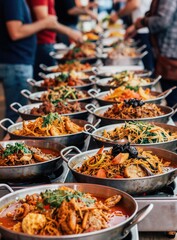 Obraz premium People serve themselves from buffet tables filled with diverse global cuisine. Dishes steam, offering flavors from around the world at an outdoor food festival.