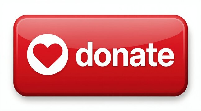 Red web button with heart icon and text donate. Simple graphic for online charity giving and support. Click to contribute to causes.