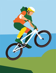 Naklejka premium A cyclist performs a stunt on a white bicycle against a blue and green backdrop