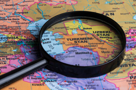 Map of Turkmenistan through magnifying glass.Close-up.