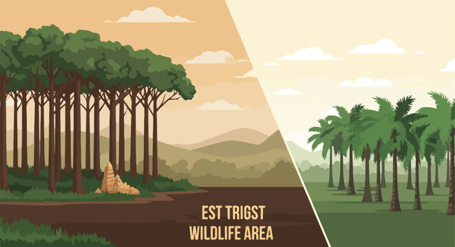 A split-screen illustration showing pine trees on one side and palms on another