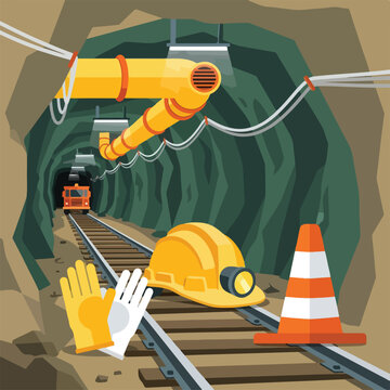 A deep underground mine tunnel with tracks, ventilation, and safety equipment