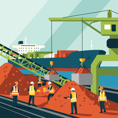 Naklejka premium Workers in high-vis vests load piles of material at a busy shipping container port