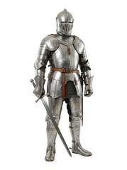 Fototapeta premium Medieval knight in silver armor with sword, transparent background