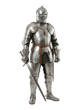 Medieval knight in silver armor with sword, transparent background