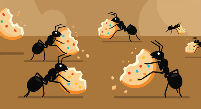 Several ants carrying colorful sugar cookies across a flat brown ground surface