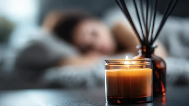 Close-up of a person's face as they enjoy a peaceful atmosphere created by the flickering light of scented candles and an aroma diffuser emitting calming fragrances.
