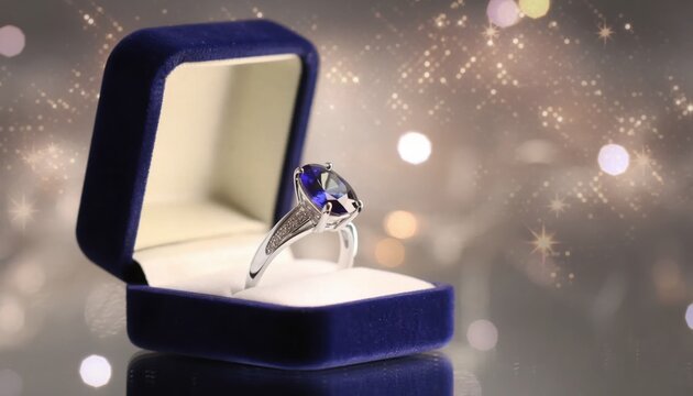 Elegant oval blue sapphire engagement ring set in white gold with diamond accents, resting in an open royal blue velvet jewelry box against a golden bokeh sparkle background.