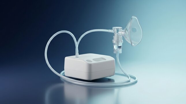 Medical nebulizer machine 3D render, hospital respiratory therapy device visualization, aerosol inhalation treatment system model, clinical nebulization equipment