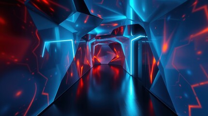 Fototapeta premium Futuristic tunnel glows with vibrant blue, red light. Geometric shapes create depth, perspective. Dark background emphasizes neon illumination.
