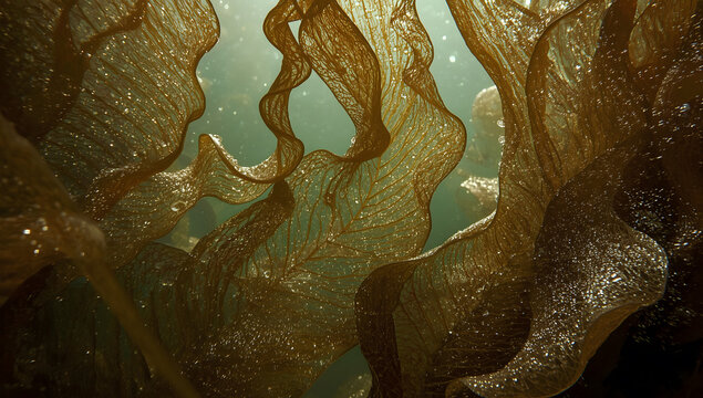Transparent brown kelp underwater. Marine nature.
