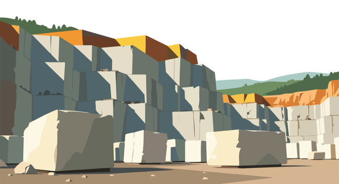 Large blocks of cut stone stacked in an open-pit granite or marble quarry setting
