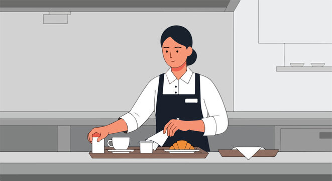 A female server in a black apron prepares a tray with coffee and a croissant