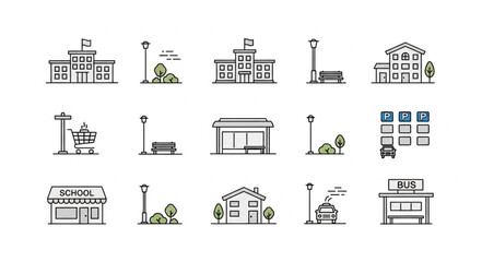 Collection of hand drawn building icons and urban elements. © Lio