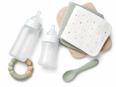 Two plastic baby feeding bottles arranged in a clean flat lay composition with a silicone teething ring a baby spoon and a small stack of soft burp cloths isolated on pure white background