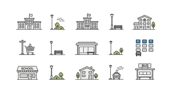 Collection of hand drawn building icons and urban elements.