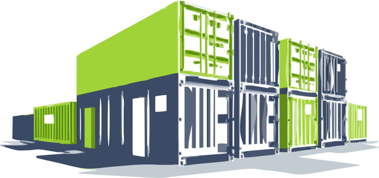 A modern container yard with rows of stacked shipping containers in green and blue hues, set against a clean, flat vector art backdrop
