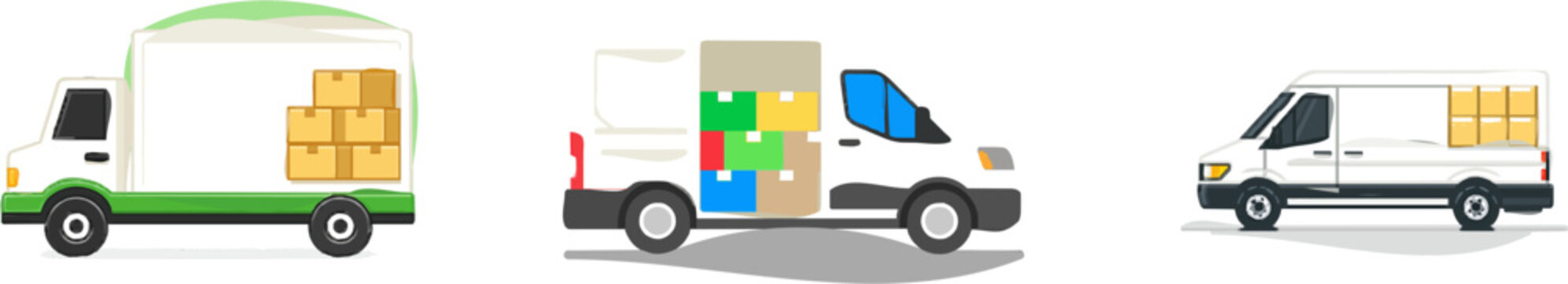A green delivery van with an open side door reveals neatly stacked cardboard boxes inside, set against a clean, minimalist white background