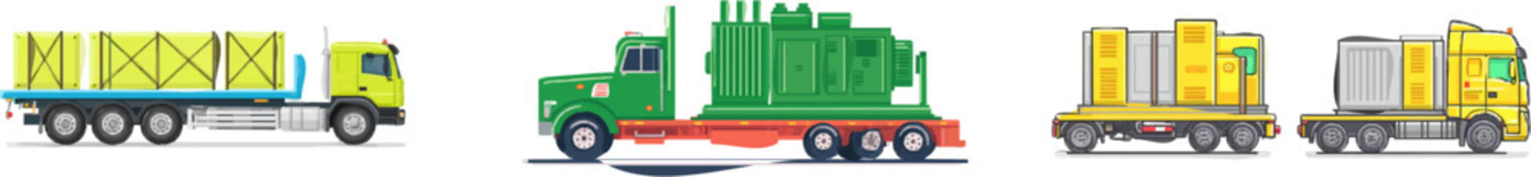A green flatbed truck transports oversized industrial machinery securely strapped to its side, set against a pristine white backdrop