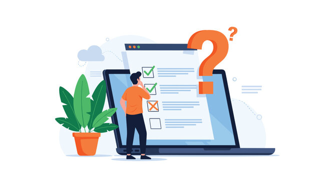 Thoughtful male professional looking at online checklist or survey form on laptop screen with large orange question mark symbol.