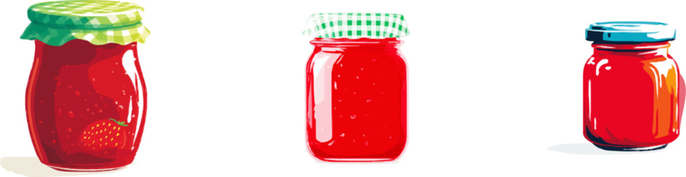A vibrant red jar of homemade strawberry jam with a checkered cloth lid, depicted in clean bold outlines on a minimalist white background