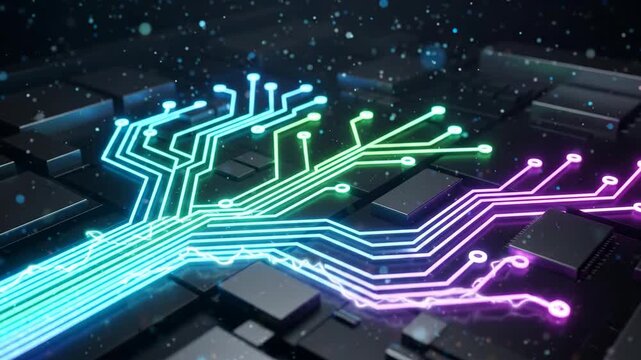 Neon circuit microchip motherboard technology data network. Quantum computing network security, physics next generation cyberspace, processor computer, algorithm, infrastructure, datum, AI