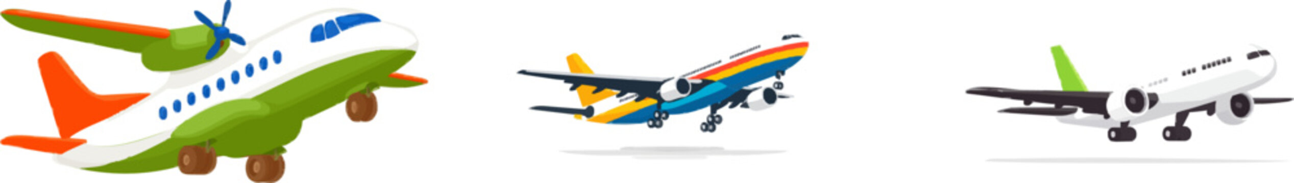 A cargo plane in a clean vector style takes off with landing gear down against a white background