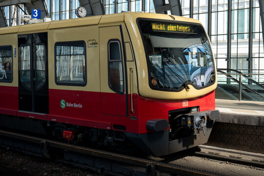 S-Bahn train, Stadtschnellbahn public transportation, urban rapid rail transit system, operated by S-Bahn Berlin GmbH, subsidiary of Deutsche Bahn on April 21, 2026 in Berlin, Germany.