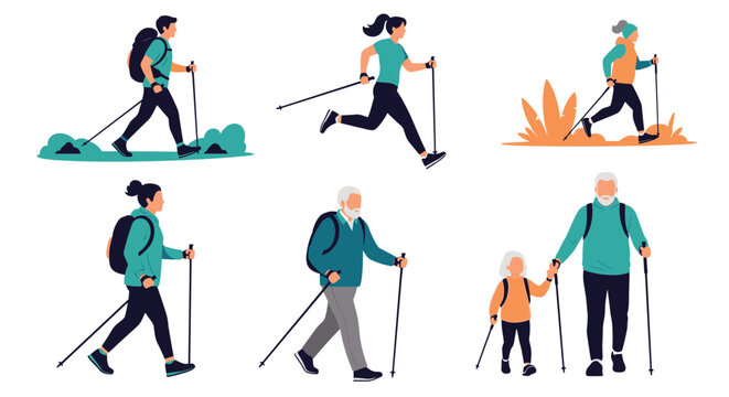 Diverse group of people of various ages and abilities participating in the healthy outdoor exercise activity of Nordic walking with poles.