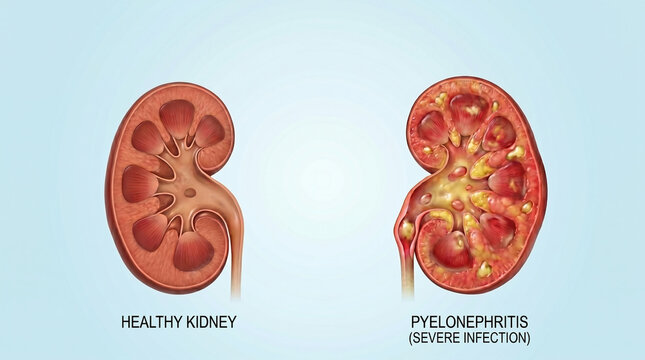 Pyelonephritis Severe Kidney Infection and Healthy Renal Anatomy