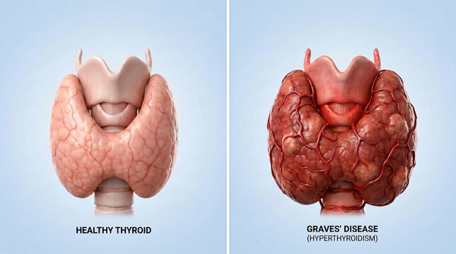 Graves' Disease Hyperthyroidism and Healthy Thyroid Anatomy Comparison