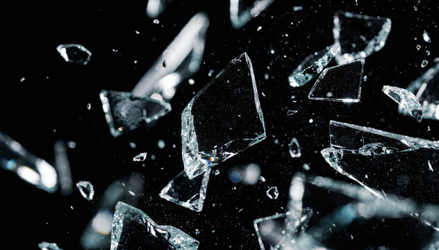 Abstract image of shattered glass fragments scatter against a dark background
