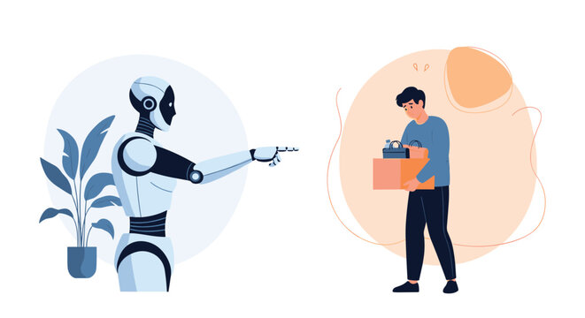 Humanoid robot firing a sad human worker carrying a box of personal office belongings in a futuristic workplace replacement scene.