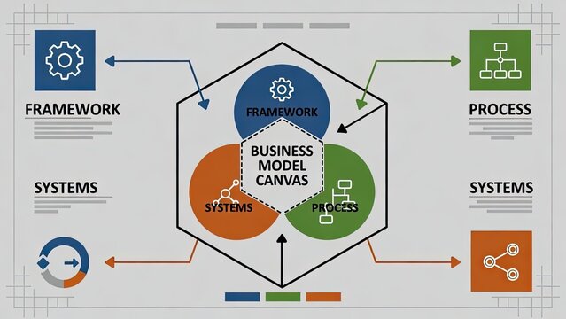 Business model canvas framework with systems and processes in hexagonal infographic