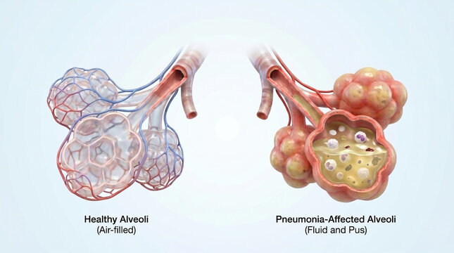 Pneumonia Affected Alveoli with Fluid and Healthy Air-Filled Lungs