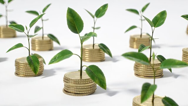 Green plants sprouting from piles of gold coins business growth financial success optimistic view