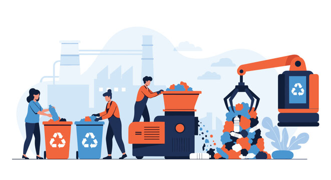 Team of workers managing a large recycling plant by sorting waste into bins and using heavy machinery to process plastic for the environment.