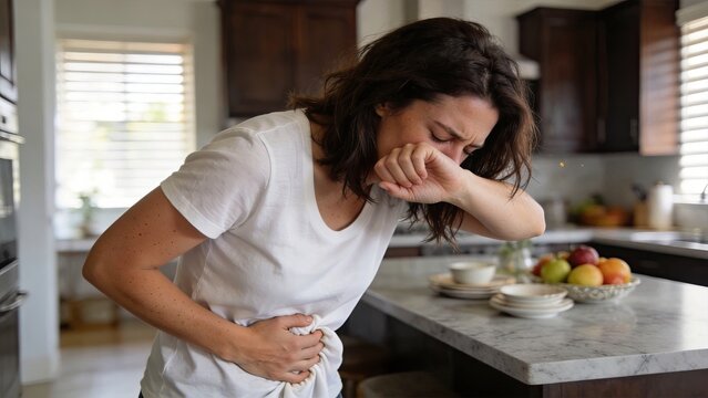 Sick woman coughing and holding stomach in pain at home kitchen suffering from flu virus food poisoning nausea digestive issues health problems medical symptoms illness disease