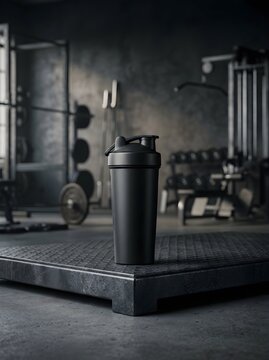 Black shaker bottle on gym platform with exercise equipment in the background for fitness and workout routines.