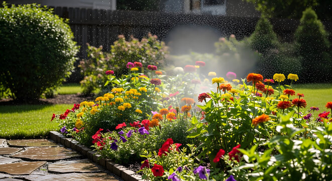 Vibrant garden flowers with misting system in a lush backyard landscape on a sunny day